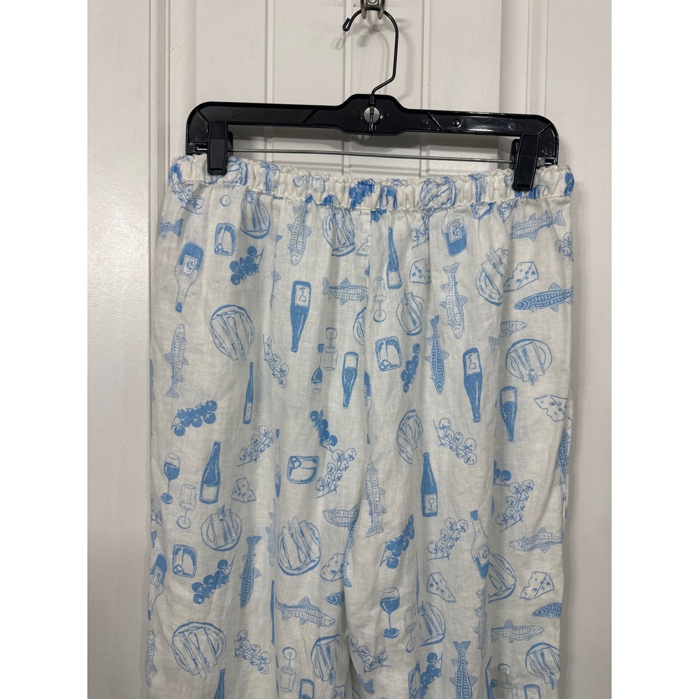 Cynthia Rowley 100% Linen Wide Leg Pants Blue White Wine Fish Print Womens L - Picture 5 of 7